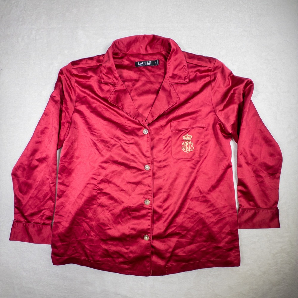 Lauren Ralph Lauren Red Satin‎ Pajama Top Button Up Long Sleeve Embroidered Sz M